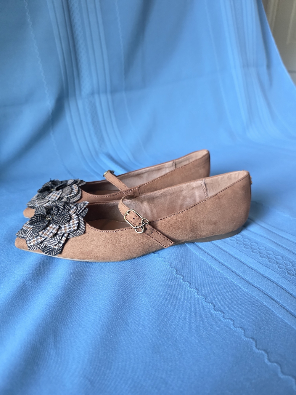 Sam & Libby Maya Flower Mary Jane Flats Brown Tweed Pointed Toe Suede Size 6